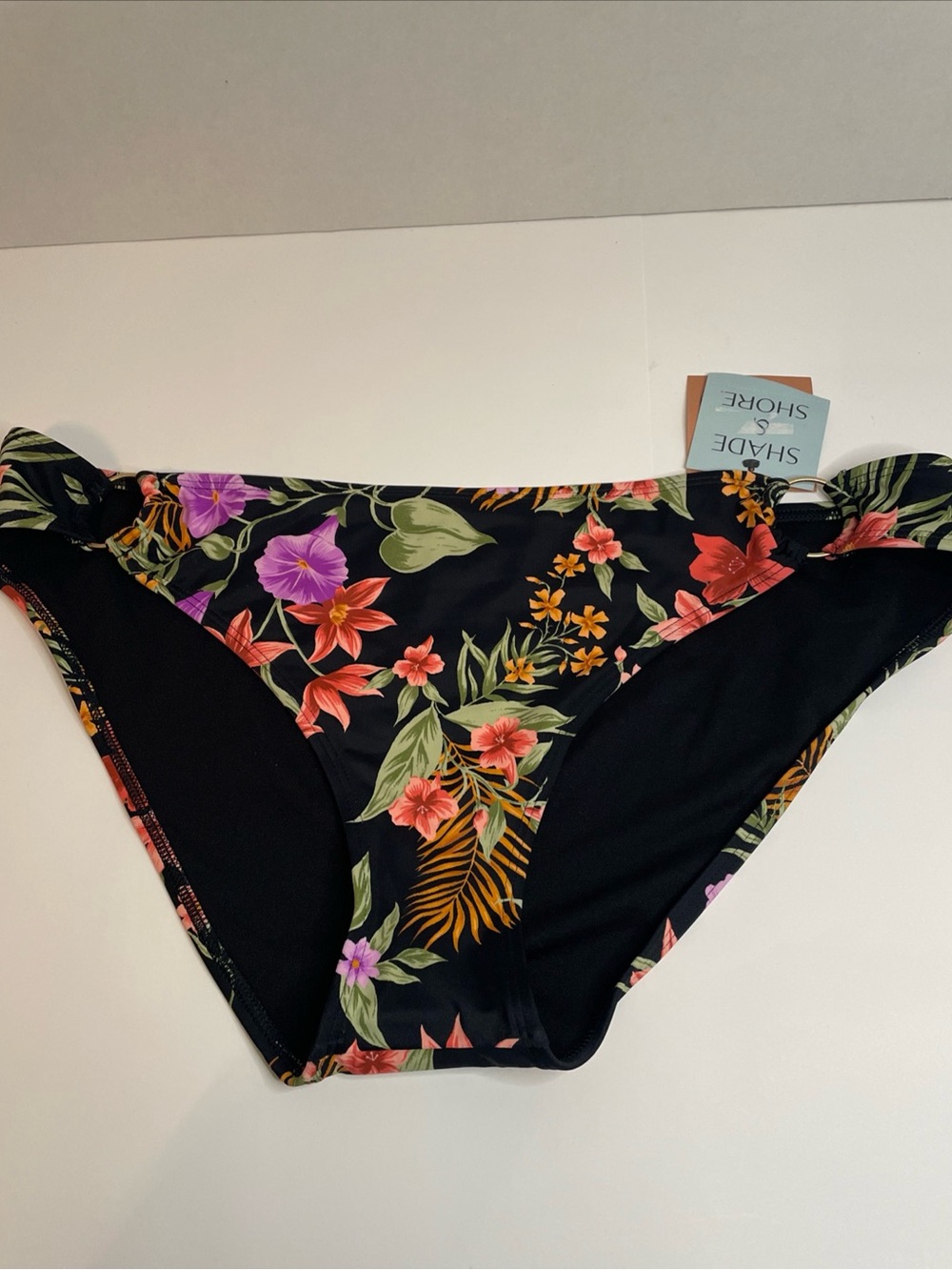 Shade & Shore Black w/ Tropical Print Low Rise Bikini Bottom  Size 16 / XL NWT